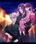  1girl 2boys berserker_(fate/zero) black_kimono blurry blurry_background brown_eyes carrying eyebrows_visible_through_hair eyes fate/zero fate_(series) hair_ribbon heterochromia japanese_clothes kimono long_hair matou_kariya matou_sakura multiple_boys open_mouth pink_kimono pink_ribbon print_kimono purple purple_hair ribbon shiny shiny_hair short_hair silver_hair standing striped sweatdrop vertical-striped_kimono vertical_stripes ycco_(estrella) yukata 