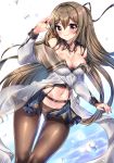  1girl belt black_eyes black_legwear breasts brown_hair cleavage girls_frontline highres k-2_(girls_frontline) long_hair long_sleeves lowleg lowleg_panties midriff navel panties pantyhose smile solo thigh_gap underwear white_panties xes_(xes_5377) 