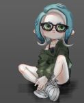  1girl act_(a_moso) agent_8 black-framed_eyewear blue_hair cardigan closed_mouth collarbone full_body glasses green_cardigan green_eyes long_sleeves lowres medium_hair nintendo octarian octoling off_shoulder shoes single_bare_shoulder sitting solo splatoon splatoon_2 splatoon_2:_octo_expansion tentacle_hair white_footwear 