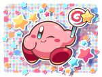  blush_stickers border candy closed_mouth commentary_request food highres holding holding_food invincible_candy kirby kirby_(series) lollipop ninjya_palette nintendo no_humans one_eye_closed shadow smile solo star white_border 