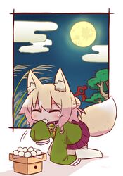  1girl all_fours animal_ear_fluff animal_ears bangs bell bell_collar blonde_hair blush brown_collar closed_eyes clouds collar commentary_request dango egasumi eyebrows_visible_through_hair facing_viewer food fox_ears fox_girl fox_tail full_moon glowing green_shirt hair_between_eyes hair_bun hair_ornament highres holding holding_food jingle_bell kemomimi-chan_(naga_u) long_hair long_sleeves moon naga_u night night_sky orange_neckwear original purple_skirt ribbon-trimmed_legwear ribbon_trim shadow shirt sidelocks skirt sky sleeves_past_fingers sleeves_past_wrists solo tail thigh-highs tree wagashi wheat white_background white_legwear 