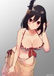  1girl artist_name bikini black_hair breasts cleavage commentary_request cowboy_shot frilled_bikini frills gradient gradient_background grey_background hair_ornament highres kantai_collection large_breasts momiji_(103) red_eyes sarong short_hair side-tie_bikini solo standing swimsuit yamashiro_(kantai_collection) 