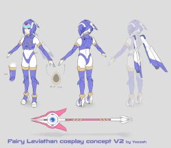  1girl absurdres adapted_costume armor blue_armor blue_helmet concept_art fairy_leviathan_(mega_man) forehead_jewel full_body grey_background helmet highres mega_man_(series) mega_man_zero_(series) polearm reference_sheet simple_background spear weapon yozzzeh 