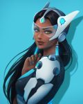  1girl black_hair blue_nails brown_eyes dark_skin earrings headgear jewelry lips long_hair looking_at_viewer mechanical_arm nail_polish nose overwatch portrait signature simple_background solo symmetra_(overwatch) umigraphics visor 