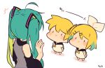  1boy 2girls aqua_hair blonde_hair blush_stickers detached_sleeves hair_ribbon hatsune_miku kagamine_len kagamine_rin kitsune_no_ko long_hair looking_at_another looking_up multiple_girls ribbon simple_background sweatdrop twintails vocaloid white_background |_| 