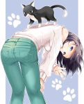  1girl :&lt; animal ass bare_shoulders black_eyes blue_background blue_eyes brown_hair cat closed_mouth commentary_request denim green_pants hand_on_leg jeans leaning_forward long_hair long_sleeves original pants ribbed_sweater shiro_kuma_shake shoulder_cutout sleeves_past_wrists smile solo standing sweater two-tone_background v white_background white_sweater 
