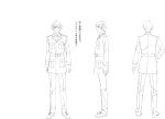  1boy ahoge character_sheet from_behind frown full_body hand_on_hip kyoudou_granbird lineart majiro_(mazurka) male_focus military military_uniform monochrome multiple_views necktie official_art senjuushi:_the_thousand_noble_musketeers short_hair standing translation_request transparent_background turnaround uniform 