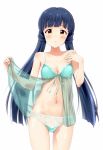  1girl aqua_babydoll aqua_panties babydoll bangs blue_hair blunt_bangs blush breasts cleavage collarbone commentary_request cowboy_shot hand_on_own_chest highres idolmaster idolmaster_million_live! kitakami_reika lingerie long_hair looking_at_viewer medium_breasts navel orange_eyes panties parted_lips simple_background solo stomach suke_(momijigari) twintails underwear very_long_hair white_background 
