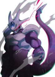  1boy cooler_(dragon_ball) cowboy_shot dragon_ball dragon_ball_z dust forehead_jewel glowing glowing_eyes grey_background highres male_focus red_eyes simple_background solo stktik09060906 watermark 