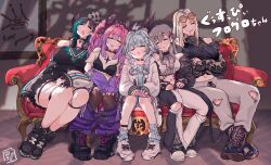  5girls absurdres black_hair blonde_hair blue_hair braid breasts cellphone crown_hair_ornament drooling eyewear_on_head flow_glow_(hololive) grey_hair hat headphones headphones_around_neck highres hololive hololive_dev_is hood hooded_jacket isaki_riona jacket jewelry kikirara_vivi knee_cutout koganei_niko kono_(konomi9a) large_breasts lightning_ahoge medium_breasts midriff mizumiya_su mouth_drool multicolored_hair multiple_girls navel navel_piercing pants phone piercing pink_hair purple_hair rindo_chihaya ring sleeping smartphone streaked_hair sunglasses thick_thighs thigh-highs thighs torn_clothes torn_pants twin_braids twintails two-tone_hair virtual_youtuber white_sneakers 