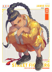  1boy belt black_hair black_shoes braid character_name commentary_request copyright_name cropped_jacket crossed_arms dark-skinned_male dark_skin dated earrings eyeliner full_body grid_background highres jacket jamie_siu jewelry long_hair long_sleeves makeup male_focus midriff pants piercing red_belt red_eyeliner rope_belt shoelaces shoes short_sideburns single_bang single_braid solo squatting street_fighter street_fighter_6 stud_earrings talgi undercut very_long_hair white_trim yellow_eyes yellow_pants 