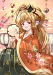  1girl :d banamons bird blurry blurry_background dated granblue_fantasy highres instrument japanese_clothes kimono long_hair looking_at_viewer mahira_(granblue_fantasy) open_mouth orange_kimono red_eyes smile solo tambourine very_long_hair wide_sleeves 