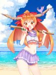  1girl alternate_hairstyle bangs bare_arms bare_legs beach bikini blue_sky blunt_bangs bow clouds day eyebrows_visible_through_hair fangs food fruit hair_bow hands_up highres holding holding_food holding_stick horizon horns ibuki_suika long_hair looking_at_viewer navel ocean open_mouth orange_eyes orange_hair outdoors ponytail purple_bikini_bottom purple_scarf red_bow scarf shiwa sidelocks sky solo standing stick summer swimsuit touhou watermelon white_bikini_top 