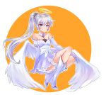  1girl angel_wings bare_shoulders blue_eyes boots collarbone garters highres iesupa long_hair ponytail rwby scar scar_across_eye side_ponytail solo tiara weiss_schnee white_hair wings 