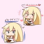 &gt;_&lt; 1girl :&gt; bangs bare_arms bare_shoulders blonde_hair blue_eyes blush_stickers camisole chibi closed_eyes closed_mouth commentary_request curry curry_rice directional_arrow eyebrows_visible_through_hair food hair_between_eyes hana_kazari heart holding holding_spoon long_hair pink_background plate rice sidelocks sketch spoon takanashi_misha translated uchi_no_maid_ga_uzasugiru! white_camisole 