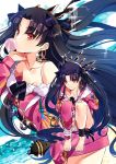  1girl asymmetrical_legwear barefoot black_bow black_hair black_ribbon bow breasts cleavage collarbone earrings fate/grand_order fate_(series) floating_hair full_body hair_between_eyes hair_bow hands_on_own_knees ishtar_(fate/grand_order) jewelry long_hair neck_ribbon orange_eyes red_eyes ribbon shiny shiny_hair single_thighhigh small_breasts smile solo sparkle squatting thigh-highs very_long_hair yaoshi_jun 