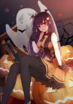  1girl absurdres alternate_costume bangs bat bat_hair_ornament belt bipod black_legwear blurry blurry_background blush breasts bullpup collared_shirt depth_of_field eyebrows_visible_through_hair food_themed_hair_ornament ghost girls_frontline gloves gun hair_ornament hair_ribbon half_updo halloween hand_up high_heels highres jack-o&#039;-lantern jun.bit large_breasts long_hair looking_at_viewer navel necktie one_side_up open_mouth pantyhose pumpkin_hair_ornament purple_hair red_eyes ribbon rifle shirt sitting skirt sleeveless sleeveless_shirt sniper_rifle solo star sweatdrop very_long_hair wa2000_(girls_frontline) walther walther_wa_2000 weapon 