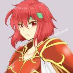  1girl armor breastplate collarbone fire_emblem fire_emblem:_mystery_of_the_emblem fire_emblem:_shin_ankoku_ryuu_to_hikari_no_tsurugi fire_emblem:_shin_monshou_no_nazo headband looking_at_viewer minerva_(fire_emblem) nintendo portrait purple_background red_armor red_eyes redhead short_hair simple_background solo twitter_username yukia_(firstaid0) 