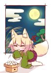  1girl all_fours animal_ear_fluff animal_ears bangs bell bell_collar blonde_hair blush brown_collar closed_eyes clouds collar dango egasumi eyebrows_visible_through_hair facing_viewer food fox_ears fox_girl fox_tail full_moon glowing green_shirt hair_between_eyes hair_bun hair_ornament highres holding holding_food jingle_bell kemomimi-chan_(naga_u) long_hair long_sleeves moon naga_u night night_sky orange_neckwear original purple_skirt ribbon-trimmed_legwear ribbon_trim shadow shirt sidelocks skirt sky sleeves_past_fingers sleeves_past_wrists solo tail thigh-highs tree wagashi wheat white_background white_legwear 