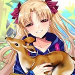  1girl animal blonde_hair blue_sweater bow carrying collarbone day deer ereshkigal_(fate/grand_order) eyebrows_visible_through_hair fate/grand_order fate_(series) floating_hair grin hair_bow head_tilt holding holding_animal long_hair looking_at_viewer outdoors red_bow red_eyes shiny shiny_hair smile solo sweater upper_body very_long_hair yaoshi_jun 
