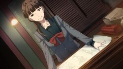  1girl aged_down blazer blueprint_(object) blunt_bangs bow breasts brown_eyes brown_hair buttons chest_bow chuo_tanegashima_high_school_uniform chuo_tanegashima_high_winter_school_uniform closed_mouth collarbone confident dutch_angle fingernails fukuda_tomonori game_cg green_sailor_collar grey_jacket grey_shirt hands_on_table highres indoors jacket looking_at_viewer mecha medium_breasts non-web_source official_art ponytail pov red_bow robot robotics;notes sailor_collar school_uniform senomiya_misaki shiny_eyes shirt smile solo toolbox window 