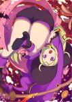  1girl ass bat blonde_hair blush_stickers book boots breasts broom candy circlet dated detached_sleeves fire_emblem fire_emblem:_kakusei fire_emblem_heroes food halloween halloween_costume hat heart_pendant highres lollipop long_hair looking_at_viewer mamkute merunyaa nintendo nowi_(fire_emblem) open_mouth patreon_username pixiv_username purple_footwear sash short_shorts shorts signature sleeves_past_wrists small_breasts solo sparkle thighs upside-down violet_eyes wide_sleeves witch_hat 