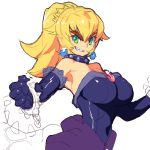  1girl bare_shoulders black_gloves blonde_hair bowsette bracelet breasts collar commentary_request dress earrings elbow_gloves gloves green_eyes hair_between_eyes jewelry large_breasts looking_at_viewer super_mario_bros. metata new_super_mario_bros._u_deluxe nintendo no_hat no_headwear ponytail sharp_teeth simple_background sleeveless smile solo spiked_armlet spiked_bracelet spiked_collar spikes strapless strapless_dress teeth unfinished upper_body white_background 