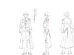  1boy ahoge armor bangs character_sheet coat epaulettes from_behind full_body gloves knee_pads kunitomo_(senjuushi) lineart majiro_(mazurka) male_focus military military_uniform monochrome multiple_views official_art senjuushi:_the_thousand_noble_musketeers short_hair shoulder_armor smile solo standing tabi translation_request transparent_background trigger_discipline turnaround uniform zouri 