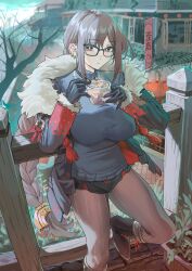  1girl absurdres against_railing aochoku bare_tree black_skirt blue_sweater braid braided_ponytail breasts brown_hair brown_pantyhose commentary earrings eating fate/grand_order fate_(series) food fur-trimmed_jacket fur_trim glasses highres holding holding_food jacket jewelry large_breasts long_hair looking_at_viewer microskirt open_clothes open_jacket outdoors pantyhose railing ramen red_eyes skirt solo steaming_food sweater symbol-only_commentary tree very_long_hair yu_mei-ren_(fate) 