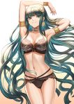  1girl armlet armpits arms_up bangs bare_shoulders belt_collar black_bra black_panties blunt_bangs blush bra bracelet breasts buckle cleavage cleopatra_(fate/grand_order) closed_mouth collar collarbone commentary_request cowboy_shot earrings eyebrows_visible_through_hair fate/grand_order fate_(series) gradient gradient_background green_eyes green_hair groin hairband hand_behind_head highres hips hoop_earrings jewelry lace lace-trimmed_bra lace-trimmed_panties large_breasts lingerie long_hair looking_at_viewer mashu_003 navel necklace panties signature smile solo stomach thighs underwear underwear_only very_long_hair waist 