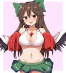  1girl :d between_breasts black_wings blush bow breasts brown_hair cleavage eyebrows_visible_through_hair green_bow green_skirt guard_bento_atsushi hair_bow highres large_breasts long_hair looking_at_viewer midriff navel open_mouth pink_background pom_poms red_eyes reiuji_utsuho simple_background skirt smile solo third_eye touhou wings 