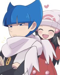  1boy 1girl :d beanie black_shirt blue_eyes blue_hair blunt_bangs borrowed_accessory closed_eyes closed_mouth coat commentary_request crossed_arms frown hair_ornament hairclip hat heart highres hikari_(pokemon) long_sleeves nakikot_t notice_lines open_mouth pokemon pokemon_dppt pokemon_platinum red_coat saturn_(pokemon) scarf shirt short_hair sidelocks smile team_galactic team_galactic_uniform white_scarf 