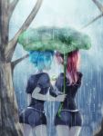  2others androgynous aqua_hair back blue_hair clipboard cowboy_shot crystal_hair elbow_gloves frog gem_uniform_(houseki_no_kuni) gloves houseki_no_kuni leaf_umbrella meguritekuruhi multiple_others outdoors phosphophyllite pink_hair puffy_short_sleeves puffy_sleeves rain redhead shinsha_(houseki_no_kuni) short_hair short_shorts short_sleeves shorts smile tree 