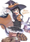  1girl :d animal_ears asashio_(kantai_collection) basket black_cape black_hair black_legwear blue_eyes bow broom broom_riding candy cape cat_ears cat_tail commentary_request cowboy_shot cropped_legs dress ebifurya food frilled_dress frills gloves grey_skirt halloween hat highres kantai_collection long_hair no_panties open_mouth orange_bow outstretched_arm pinafore_dress pleated_skirt remodel_(kantai_collection) shirt simple_background skirt smile solo striped striped_legwear tail thigh-highs v-shaped_eyebrows white_background white_gloves white_shirt witch_hat 