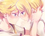 1boy 1girl :t angry annoyed aoi_choko_(aoichoco) arms_around_neck blonde_hair blue_eyes blush brother_and_sister collarbone ears eyebrows_visible_through_hair face-to-face forehead-to-forehead hair_tucking hands_on_another&#039;s_head kagamine_len kagamine_rin looking_at_another nervous playing_with_another&#039;s_hair pout print_sailor_collar puffy_cheeks sad shirt short_hair short_ponytail siblings sweatdrop t-shirt tearing_up tears twins vocaloid 