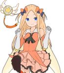  1girl abigail_williams_(fate/grand_order) ascot atsumisu bangs bare_shoulders black_bow black_neckwear blonde_hair blue_eyes blush bow brown_skirt closed_mouth collarbone collared_shirt commentary_request cosplay cowboy_shot detached_sleeves elbow_gloves eyebrows_visible_through_hair fate/grand_order fate/kaleid_liner_prisma_illya fate_(series) forehead gloves hair_bow hands_up highres kaleidostick long_hair long_sleeves magical_ruby orange_bow orange_legwear orange_shirt orange_sleeves parted_bangs pleated_skirt polka_dot polka_dot_bow prisma_illya prisma_illya_(cosplay) shirt simple_background skirt sleeveless sleeveless_shirt smile solo thigh-highs two_side_up very_long_hair wand white_background white_gloves 
