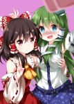  2girls :/ :d @_@ ascot black_hair blue_eyes blush bow breast_grab brown_eyes detached_sleeves eyebrows_visible_through_hair eyes_visible_through_hair frilled_bow frills grabbing green hair_between_eyes hair_bow hair_ornament hair_tubes hakurei_reimu highres kochiya_sanae long_hair looking_at_viewer multiple_girls nose_blush open_mouth pink_background red_bow ribbon-trimmed_sleeves ribbon_trim ruu_(tksymkw) self_shot simple_background smile snake_hair_ornament tears touhou v v-shaped_eyebrows wavy_mouth wide_sleeves yellow_neckwear 