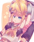  1girl aoi_choko_(aoichoco) arms_around_neck arms_up blonde_hair blue_eyes blush brother_and_sister crop_top detached_sleeves fortissimo hands_on_another&#039;s_head headphones headset highres hug hug_from_behind kagamine_len kagamine_len_(vocaloid4) kagamine_rin kagamine_rin_(vocaloid4) leaning_on_person leg_warmers looking_at_another looking_up lying navel on_back orange_background pillow sailor_collar shirt short_hair siblings sleeveless sleeveless_shirt twins v4x vocaloid 