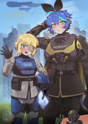  2girls armor blonde_hair blue_eyes blue_hair blush c-01_permit_(helldivers) clipboard dif_(difman) difman eyepatch full_armor helldiver_(helldivers) helldivers_(series) helmet highres looking_at_viewer multiple_girls open_mouth original scratching_head seaf_soldier_(helldivers) super_earth_salute_(helldivers) sweatdrop unworn_headwear yellow_eyes 