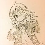  1boy :o aoi_choko_(aoichoco) bandage bandage_over_one_eye coat dated double_v heart highres looking_at_viewer monochrome oliver_(vocaloid) sailor_collar shorts sketch traditional_media triangle_mouth v vocaloid 