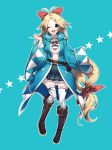  1girl ;d antenna_hair blonde_hair blue_background blue_eyes boots clenched_hands eyebrows_visible_through_hair full_body hair_ribbon highres knee_boots long_hair looking_at_viewer low-tied_long_hair midriff miyuki_(pixiv28437652) navel one_eye_closed open_mouth oshiro_project oshiro_project_re pleated_skirt ribbon shiryoukaku_(oshiro_project) simple_background skirt smile solo thigh-highs white_legwear 
