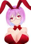  1girl animal_ears blue_hair bow breasts bunnysuit cleavage glasses head_tilt highres large_breasts lavender_hair leotard looking_at_viewer multicolored_hair orange_eyes pink-framed_eyewear rabbit_ears red_bow red_leotard semi-rimless_eyewear shinjou_akane shito_zhizhen short_hair simple_background smile solo ssss.gridman strapless strapless_leotard two-tone_hair under-rim_eyewear upper_body violet_eyes white_background 