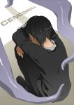  1boy black_footwear black_hair black_pants cencoroll copyright_name depressed hidden_face long_sleeves male_focus monster nape pants sad shadow shuu_(cencoroll) sitting solo tentacle tentacles_with_male you_gonna_get_raped 