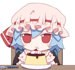  1girl absurdres bat_wings blue_hair blush_stickers closed_mouth commentary food fumo_(doll) hat hat_ribbon highres kame_(kamepan44231) looking_at_viewer mob_cap pink_hat pink_shirt plate pudding red_eyes red_ribbon remilia_scarlet ribbon shirt short_hair short_sleeves simple_background smile solo spoon touhou white_background wings 