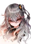  1girl bangs black_jacket brown_hair closed_mouth commentary dokomon english_commentary eyebrows_visible_through_hair girls_frontline hair_between_eyes hair_ornament head_tilt highres jacket long_hair looking_at_viewer one_side_up red_eyes scar scar_across_eye simple_background solo ump45_(girls_frontline) v-shaped_eyebrows white_background 