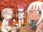  3girls :&lt; :o ;d =_= ahoge autumn autumn_leaves bangs basket blue_sailor_collar blue_swimsuit blush blush_stickers broom cat closed_eyes closed_mouth commentary_request cooking day engiyoshi eyebrows_visible_through_hair fan fish flower food fruit grapes grill hair_between_eyes hair_flower hair_ornament hair_ribbon heart i-168_(kantai_collection) i-58_(kantai_collection) kantai_collection kneeling long_hair long_sleeves multiple_girls mushroom neckerchief one-piece_swimsuit one_eye_closed open_mouth outdoors paper_fan parted_lips pink_hair ponytail potato pumpkin redhead ribbon ro-500_(kantai_collection) sailor_collar saliva saury school_swimsuit school_uniform serafuku shirt short_hair short_sleeves smile standing sweet_potato swimsuit swimsuit_under_clothes tan vegetable white_hair white_shirt 