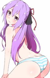  1girl ass bangs black_ribbon blush closed_mouth enelis eyebrows_behind_hair hair_between_eyes hair_ribbon head_tilt long_hair looking_at_viewer looking_back nagami_suzuka ore_ga_suki_nano_wa_imouto_dakedo_imouto_janai panties purple_hair red_ribbon ribbon simple_background solo striped striped_panties topless underwear underwear_only very_long_hair violet_eyes white_background 