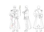  1boy armor belt character_sheet coat epaulettes from_behind full_body gauntlets gloves hand_on_hip kinbee_(senjuushi) knee_pads lineart majiro_(mazurka) male_focus military military_uniform monochrome multiple_views official_art rope senjuushi:_the_thousand_noble_musketeers short_hair shoulder_armor single_gauntlet smile standing tabi translation_request transparent_background turnaround uniform wave_print zouri 
