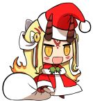  1girl :d alternate_costume blonde_hair blush chibi christmas drawlightshinesweet facial_mark fate/grand_order fate_(series) fiery_hair forehead_mark fur-trimmed_jacket fur_trim gift_bag hat holding holding_sack horns ibaraki_douji_(fate) jacket long_hair long_sleeves meme oni_horns padoru_(meme) pants pointy_ears sack santa_costume santa_hat smile solo yellow_eyes 