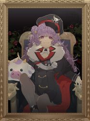  absurdres animal_ear_fluff animal_ears azur_lane black_coat black_pantyhose closed_mouth coat commission cosplay covered_navel cow_ears cow_girl cow_horns flower fur-trimmed_coat fur_trim hat highres horns long_hair looking_at_viewer medal military_uniform muu_muyu pantyhose peaked_cap phase_connect pixiv_commission portrait purple_hair red_flower red_rose rose shimiya_jin sitting sitting_on_throne throne violet_eyes virtual_youtuber zeppy_(azur_lane) zeppy_(azur_lane)_(cosplay) 
